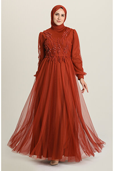 sefamerve Βραδινό φόρεμα με κέντημα απλικέ μεγάλου μεγέθους 3407-04 Πλακάκι