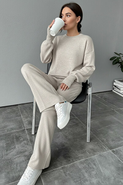 NEWCO Finger-Through Acrylic Textured Oversized Knitwear Two-Piece Set Wide-Leg Pants