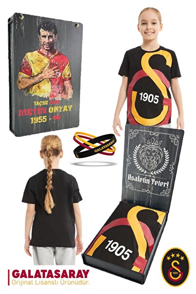 Galatasaray Orijinal Lisanslı Büyük Logo Çocuk T-shirt + Bileklik Set Hediyelik Ahşap Ku