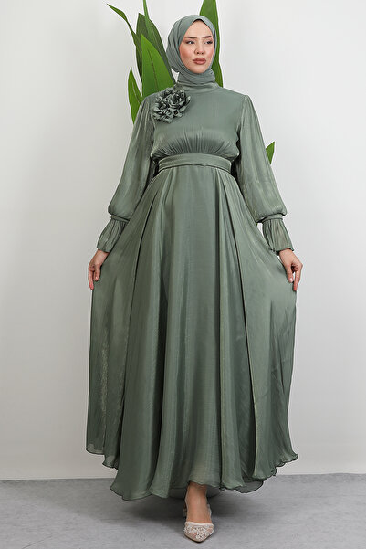 Lamia Giyim Omuzdan Pelerinli Elbise Soft Yeşil