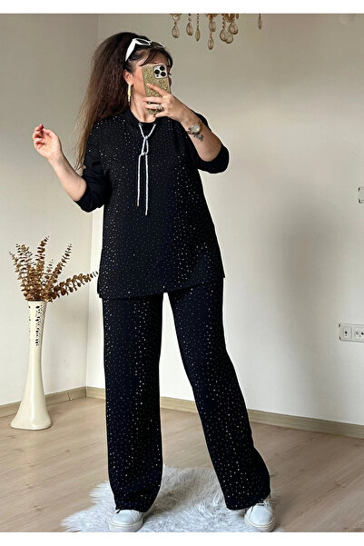 AZRA BUTİK Glittery String Lace-Up Stone Set Black