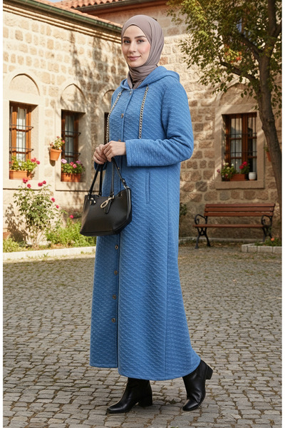 sefamerve Καπιτονέ παλτό με κουκούλα με λεπτομέρεια αλυσίδας 0216-02 Indigo