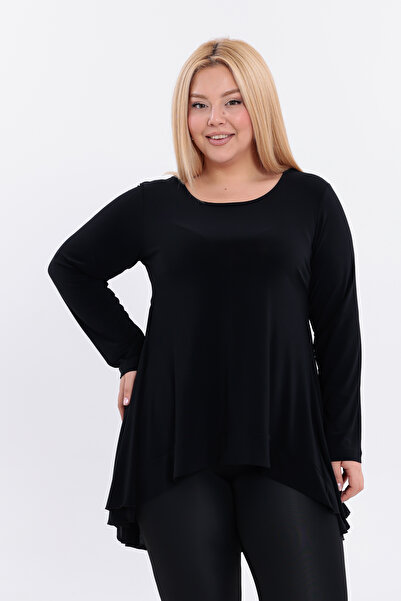 HELVEYS Asymmetrical Cut Flexible Stretch Fabric Long Sleeve Crew Neck Stylish Sandy Plus Size Blouse – 5012