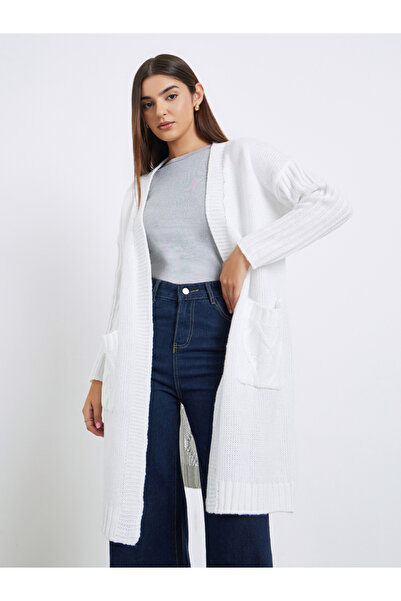 Take Two By Styli White Front Open Knit Midi Cardigan