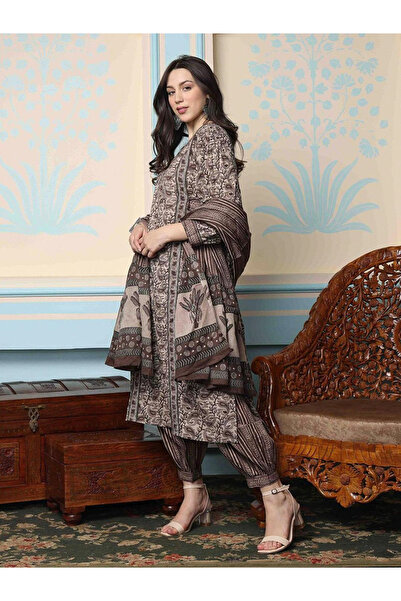 Ishin By Styli Brown Cotton Kurta and Pants with Dupatta Set