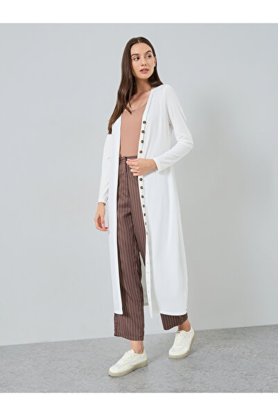 Take Two By Styli White Knitted Cardigan with Button Placket
