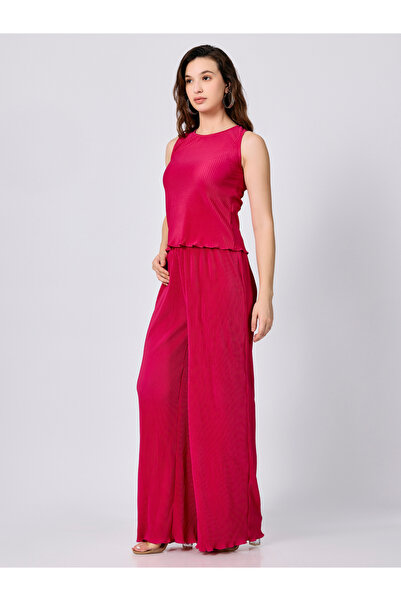 Outzidr By Styli Pink Plisse Top and Straight Fit Pants Co-Ords