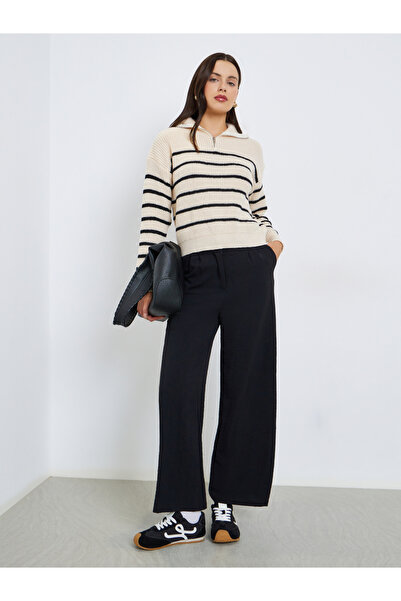 Styli Beige Striped Zip-Up Short Length Sweater