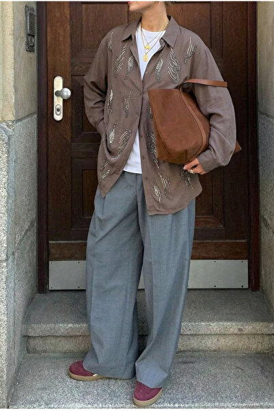 FEMELLE Brown Oversized Shirt with Beading (Compatible with Size 48 and Below)