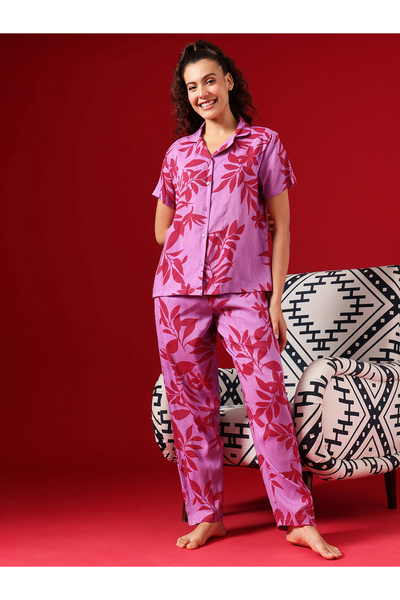 Clovia By Styli Leaf Print Button Down Shirt and Pyjama Set