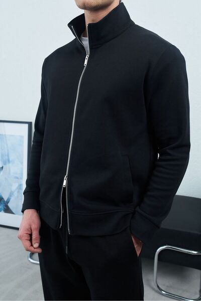 TÜZeMEN Textured Mock Neck Double Zipper Sweat Jacket