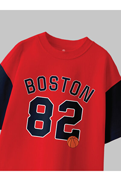 CODEZ By Styli Kid Red Cotton Boston Print Oversized T-Shirt