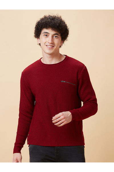 Globus By Styli Men Maroon Striped Knitted Sweater