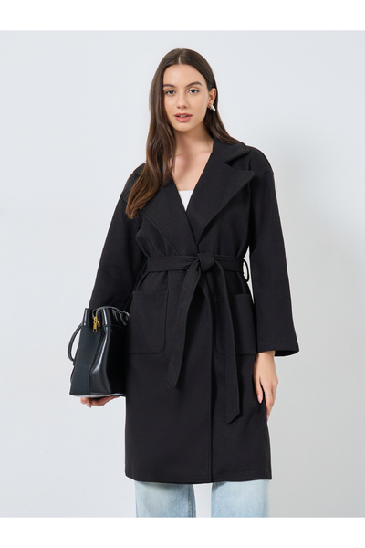 Take Two By Styli Black Regular Fit Wool Like Midi Coat