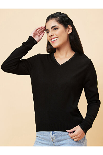 Globus By Styli Women Black Ribbed Hem Acrylic Sweater