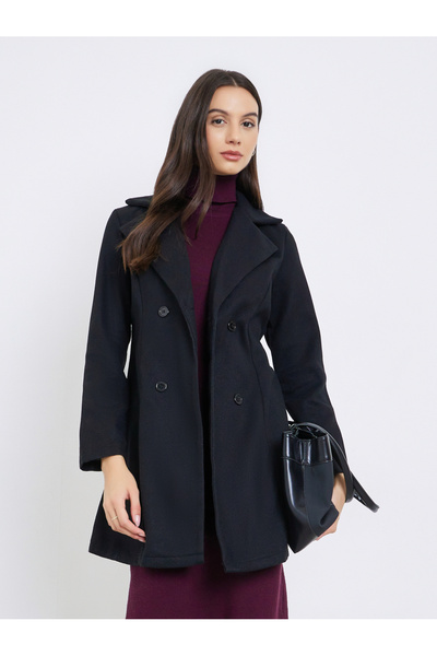Take Two By Styli Black Solid Buttoned Long Sleeve Coat