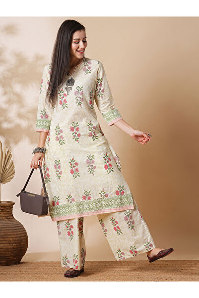 Globus By Styli Off-White All-Over Floral Print Straight Kurta with Palazzos Workwear Set