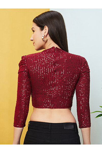 Globus By Styli Maroon Embellished Round Neck Sequined Crop Top
