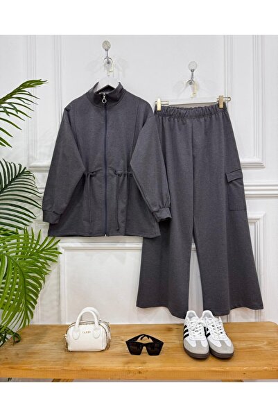 onix Krisha fermuarlı bağcıklı yandan cepli pantolonlu tesettür Takım füme