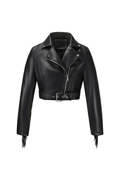 Take Two By Styli Black Cropped Fringe Biker Jacket