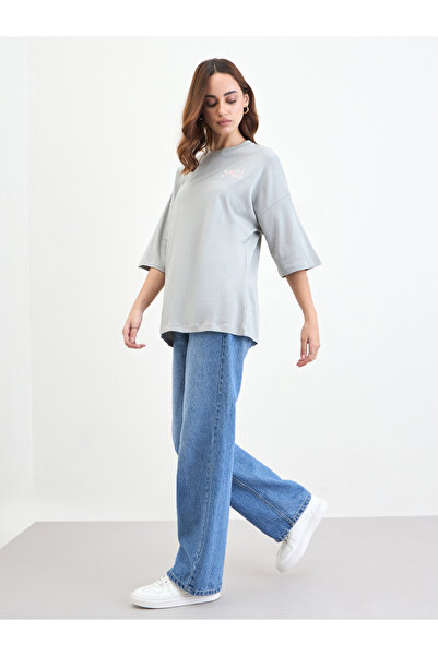 Styli Grey Oversized T-Shirt with 3/4 Sleeves