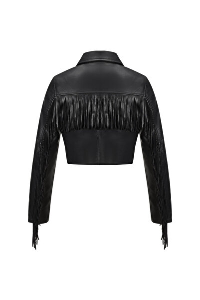 Take Two By Styli Black Cropped Fringe Biker Jacket