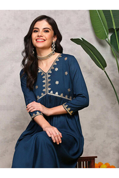 Ishin By Styli Blue Viscose Rayon Kurta with Pant Set