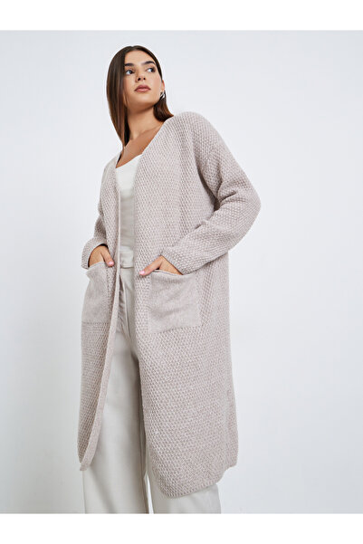 Take Two By Styli Beige Chunky Knit Front Open Midi Cardigan