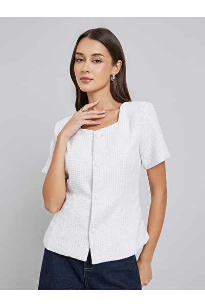 Styli Off White Tweed Look Buttoned Top