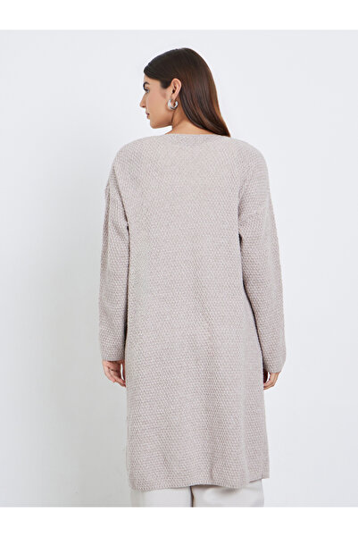 Take Two By Styli Beige Chunky Knit Front Open Midi Cardigan