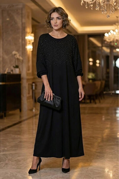 Nevin Kaya Moda Βαμβακερό φόρεμα που κρύβει τα κιλά με μαύρες πέτρες