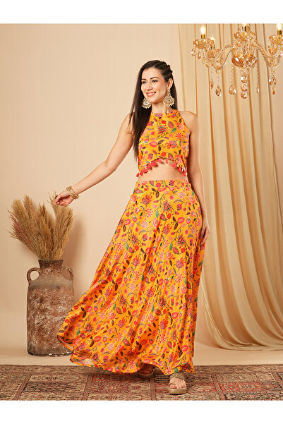 Globus By Styli Halter Neck Tassel Detail Crop Top and Maxi Skirt Co-Ords