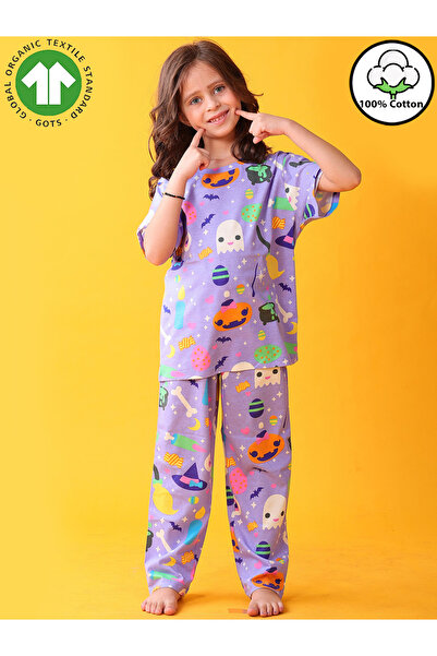 Anthrilo By Styli Girls Halloween Print Cotton T-Shirt and Pants Set