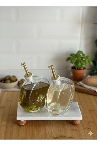 morponi طقم زيت وصلصة ذهبي مع قاعدة رخامية، 500 مل، تصميم منحني، مجموعة من قطعتين