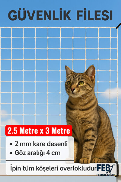 Febros 2.5 Metre X 3 Metre Kedi Kuş Güvenlik Ağı Balkon ve Pencere Koruma Ove...