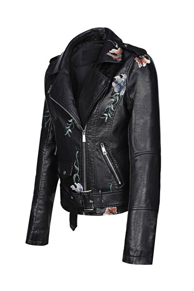 Take Two By Styli Black Floral Embroidered Biker Jacket
