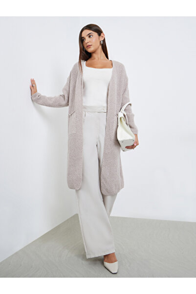 Take Two By Styli Beige Chunky Knit Front Open Midi Cardigan