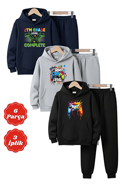 FYK KİDS 3 İplik K με κουκούλα Kangaroo Cepli Ş επένδυση fleece Winter Game B με τύπωμα Σετ αθλητικής φόρμας για αγόρια 6 τεμαχίων