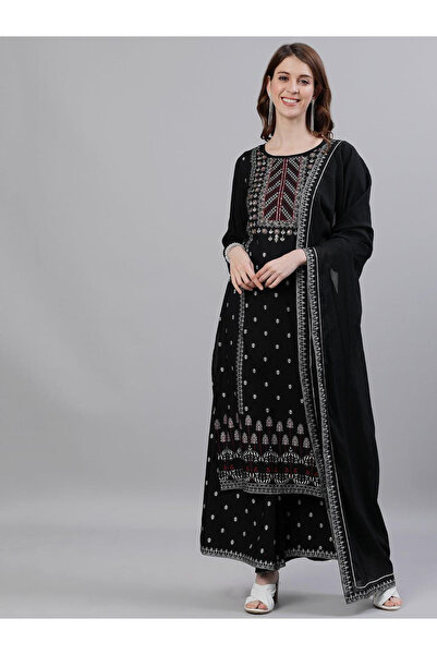 Ishin By Styli Black Embroidered Kurta with Palazzos and Dupatta Set