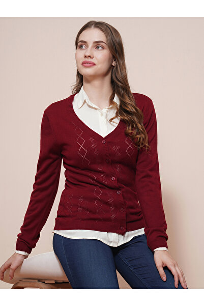 Globus By Styli Women Maroon Ribbed Hem Cardigan Sweater