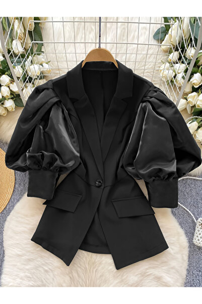 Take Two By Styli Black Puff Sleeve Slim Fit Blazer