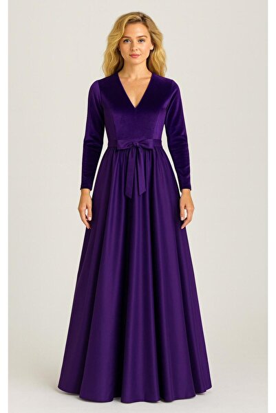 ALYEL NAKER فستان أنيق باللون الأرجواني بطول ماكسي مع قماش مخملي في الأعلى وت...