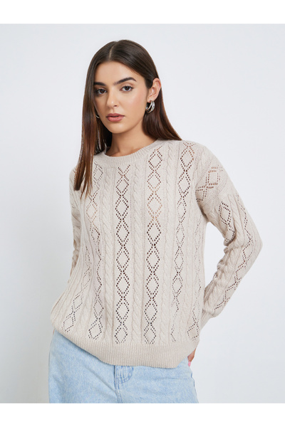 Take Two By Styli Beige Regular Fit Textured Knit Sweater