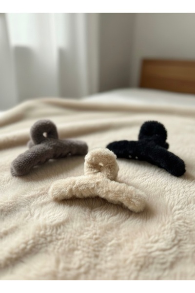 Daynav مجموعة من 3 مشابك شعر كبيرة الحجم من القطيفة |   مشبك ذو مظهر فرو ناعم وريش