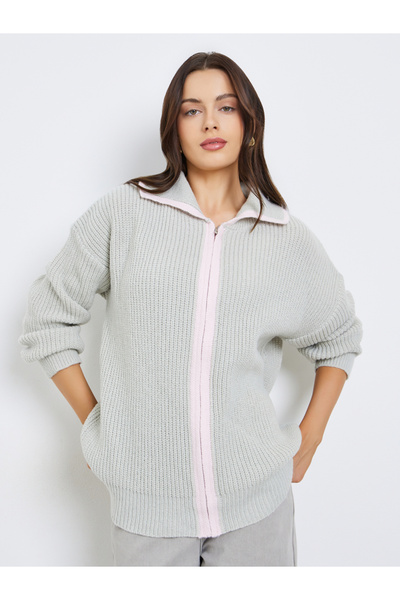 Styli Grey Ribbed Knit Zip-Up Cardigan