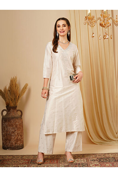 Globus By Styli Women Taupe Embroidered Sequined Kurta and Wide Leg Trouser Set