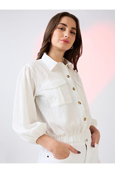 Globus By Styli White Textured Crop Shirt with Puffed Sleeves