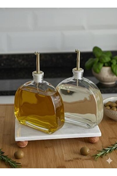 morponi Set of 2 Oil Bottle & Sauce Bowl with Marble Stand and Gold Head 500 ml Marbella