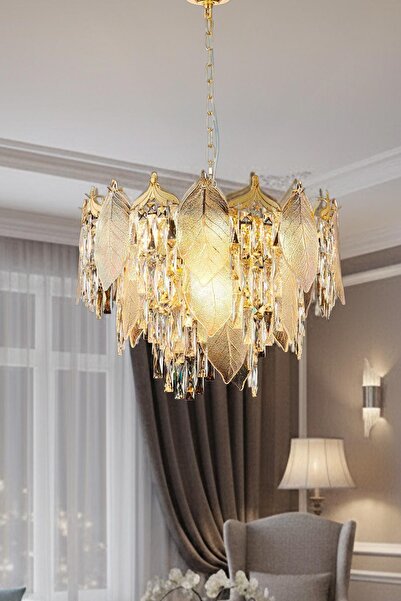 Ünal Aydınlatma Yaprak Gold 50 cm Kristal Yaprak Detaylı Modern Avize – Salon...