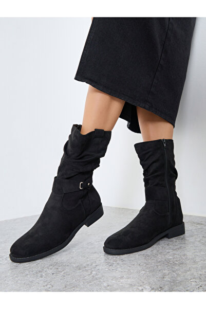 Styli Black Suede Look Buckle Detail Boots